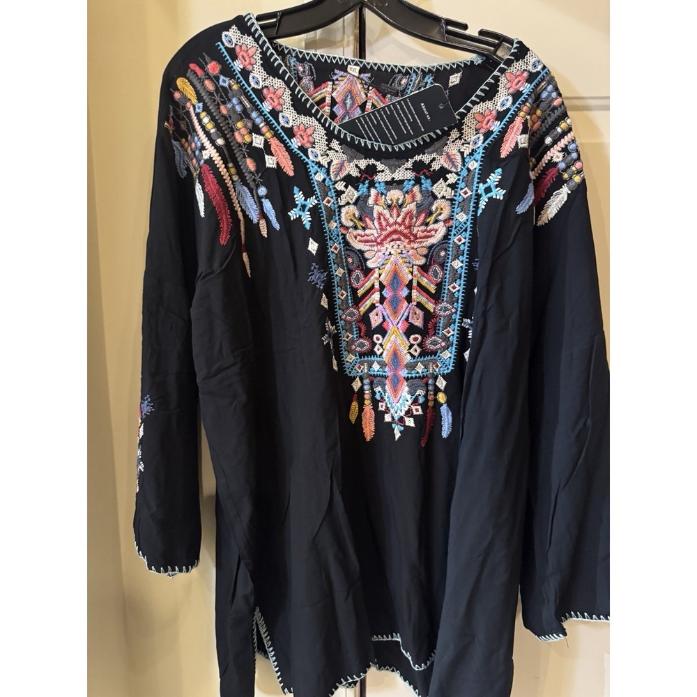Laura Klein Boho Revival Embroidered Blouse Black‎ V-Neck 3/4 Sleeve 2XL NWT